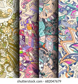 Set of tracery colorful seamless patterns. Vertical stripes. Curved doodling backgrounds for textile or printing with mehndi and ethnic motives. Vector