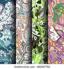 Set of tracery colorful seamless patterns. Vertical stripes. Curved doodling backgrounds for textile or printing with mehndi and ethnic motives. Vector