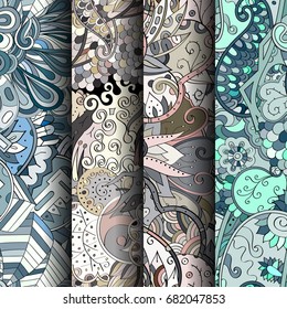 Set of tracery colorful seamless patterns. Vertical stripes. Curved doodling backgrounds for textile or printing with mehndi and ethnic motives. Vector
