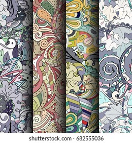 Set of tracery colorful seamless patterns. Vertical stripes. Curved doodling backgrounds for textile or printing with mehndi and ethnic motives. Vector