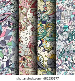 Set of tracery colorful seamless patterns. Vertical stripes. Curved doodling backgrounds for textile or printing with mehndi and ethnic motives. Vector