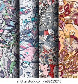 Set of tracery colorful seamless patterns. Vertical stripes. Curved doodling backgrounds for textile or printing with mehndi and ethnic motives. Vector