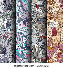 Set of tracery colorful seamless patterns. Vertical stripes. Curved doodling backgrounds for textile or printing with mehndi and ethnic motives. Vector