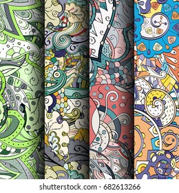 Set of tracery colorful seamless patterns. Vertical stripes. Curved doodling backgrounds for textile or printing with mehndi and ethnic motives. Vector
