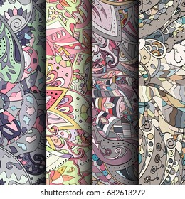 Set of tracery colorful seamless patterns. Vertical stripes. Curved doodling backgrounds for textile or printing with mehndi and ethnic motives. Vector
