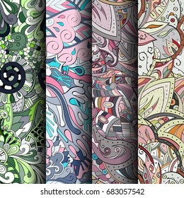 Set of tracery colorful seamless patterns. Vertical stripes. Curved doodling backgrounds for textile or printing with mehndi and ethnic motives. Vector