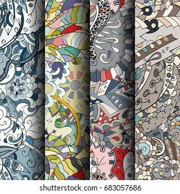 Set of tracery colorful seamless patterns. Vertical stripes. Curved doodling backgrounds for textile or printing with mehndi and ethnic motives. Vector