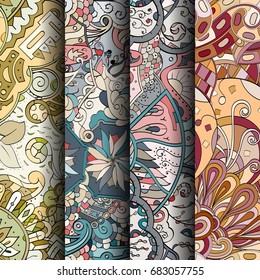 Set of tracery colorful seamless patterns. Vertical stripes. Curved doodling backgrounds for textile or printing with mehndi and ethnic motives. Vector