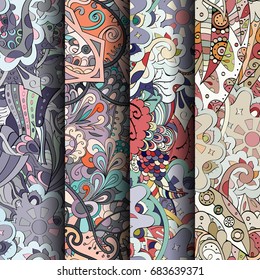 Set of tracery colorful seamless patterns. Vertical stripes. Curved doodling backgrounds for textile or printing with mehndi and ethnic motives. Vector