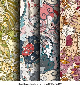 Set of tracery colorful seamless patterns. Vertical stripes. Curved doodling backgrounds for textile or printing with mehndi and ethnic motives. Vector