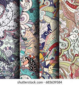 Set of tracery colorful seamless patterns. Vertical stripes. Curved doodling backgrounds for textile or printing with mehndi and ethnic motives. Vector