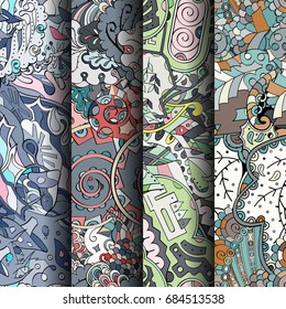 Set of tracery colorful seamless patterns. Vertical stripes. Curved doodling backgrounds for textile or printing with mehndi and ethnic motives. Vector