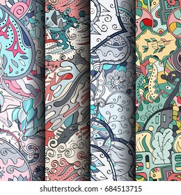 Set of tracery colorful seamless patterns. Vertical stripes. Curved doodling backgrounds for textile or printing with mehndi and ethnic motives. Vector