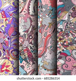 Set of tracery colorful seamless patterns. Vertical stripes. Curved doodling backgrounds for textile or printing with mehndi and ethnic motives. Vector
