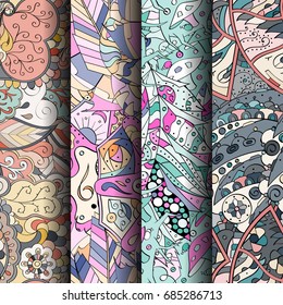 Set of tracery colorful seamless patterns. Vertical stripes. Curved doodling backgrounds for textile or printing with mehndi and ethnic motives. Vector