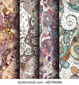 Set of tracery colorful seamless patterns. Vertical stripes. Curved doodling backgrounds for textile or printing with mehndi and ethnic motives. Vector