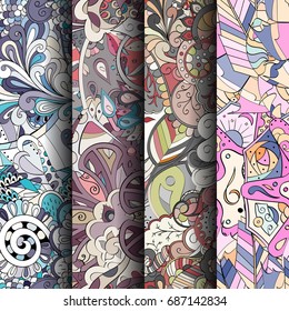 Set of tracery colorful seamless patterns. Vertical stripes. Curved doodling backgrounds for textile or printing with mehndi and ethnic motives. Vector