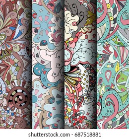Set of tracery colorful seamless patterns. Vertical stripes. Curved doodling backgrounds for textile or printing with mehndi and ethnic motives. Vector