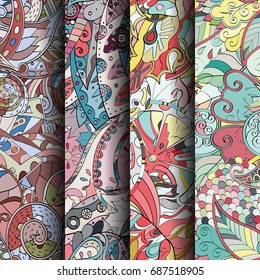 Set of tracery colorful seamless patterns. Vertical stripes. Curved doodling backgrounds for textile or printing with mehndi and ethnic motives. Vector