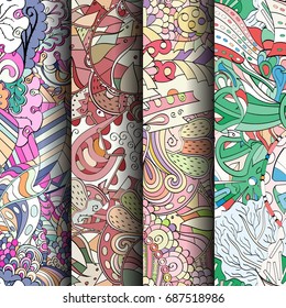 Set of tracery colorful seamless patterns. Vertical stripes. Curved doodling backgrounds for textile or printing with mehndi and ethnic motives. Vector