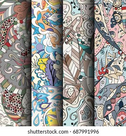 Set of tracery colorful seamless patterns. Vertical stripes. Curved doodling backgrounds for textile or printing with mehndi and ethnic motives. Vector