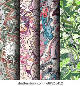 Set of tracery colorful seamless patterns. Vertical stripes. Curved doodling backgrounds for textile or printing with mehndi and ethnic motives. Vector
