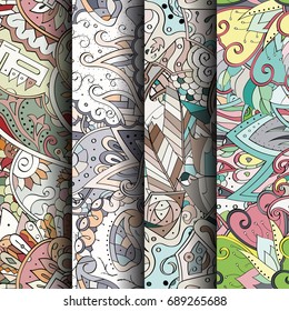Set of tracery colorful seamless patterns. Vertical stripes. Curved doodling backgrounds for textile or printing with mehndi and ethnic motives. Vector