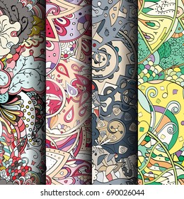 Set of tracery colorful seamless patterns. Vertical stripes. Curved doodling backgrounds for textile or printing with mehndi and ethnic motives. Vector
