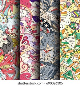 Set of tracery colorful seamless patterns. Vertical stripes. Curved doodling backgrounds for textile or printing with mehndi and ethnic motives. Vector