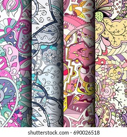 Set of tracery colorful seamless patterns. Vertical stripes. Curved doodling backgrounds for textile or printing with mehndi and ethnic motives. Vector