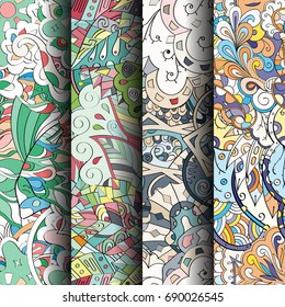 Set of tracery colorful seamless patterns. Vertical stripes. Curved doodling backgrounds for textile or printing with mehndi and ethnic motives. Vector