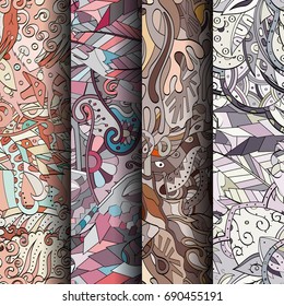 Set of tracery colorful seamless patterns. Vertical stripes. Curved doodling backgrounds for textile or printing with mehndi and ethnic motives. Vector