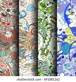 Set of tracery colorful seamless patterns. Vertical stripes. Curved doodling backgrounds for textile or printing with mehndi and ethnic motives. Vector