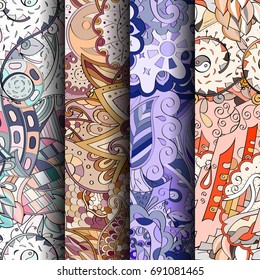 Set of tracery colorful seamless patterns. Vertical stripes. Curved doodling backgrounds for textile or printing with mehndi and ethnic motives. Vector