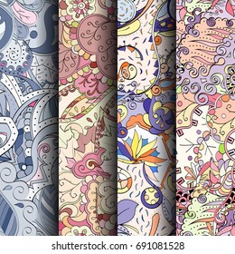 Set of tracery colorful seamless patterns. Vertical stripes. Curved doodling backgrounds for textile or printing with mehndi and ethnic motives. Vector
