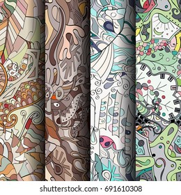 Set of tracery colorful seamless patterns. Vertical stripes. Curved doodling backgrounds for textile or printing with mehndi and ethnic motives. Vector