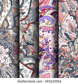 Set of tracery colorful seamless patterns. Vertical stripes. Curved doodling backgrounds for textile or printing with mehndi and ethnic motives. Vector