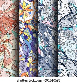 Set of tracery colorful seamless patterns. Vertical stripes. Curved doodling backgrounds for textile or printing with mehndi and ethnic motives. Vector
