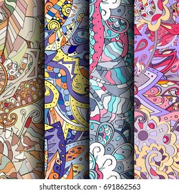 Set of tracery colorful seamless patterns. Vertical stripes. Curved doodling backgrounds for textile or printing with mehndi and ethnic motives. Vector