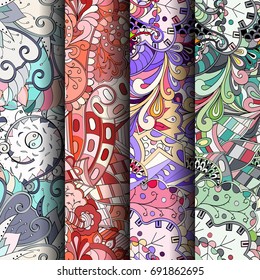 Set of tracery colorful seamless patterns. Vertical stripes. Curved doodling backgrounds for textile or printing with mehndi and ethnic motives. Vector