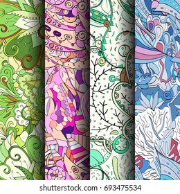 Set of tracery colorful seamless patterns. Vertical stripes. Curved doodling backgrounds for textile or printing with mehndi and ethnic motives. Vector