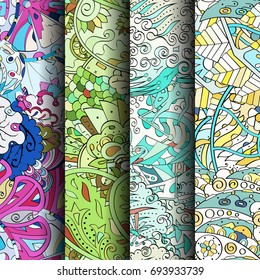 Set of tracery colorful seamless patterns. Vertical stripes. Curved doodling backgrounds for textile or printing with mehndi and ethnic motives. Vector