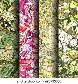Set of tracery colorful seamless patterns. Vertical stripes. Curved doodling backgrounds for textile or printing with mehndi and ethnic motives. Vector