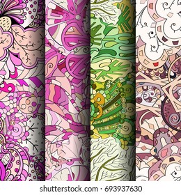 Set of tracery colorful seamless patterns. Vertical stripes. Curved doodling backgrounds for textile or printing with mehndi and ethnic motives. Vector