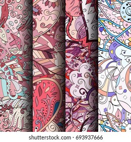 Set of tracery colorful seamless patterns. Vertical stripes. Curved doodling backgrounds for textile or printing with mehndi and ethnic motives. Vector