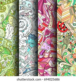 Set of tracery colorful seamless patterns. Vertical stripes. Curved doodling backgrounds for textile or printing with mehndi and ethnic motives. Vector