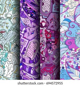 Set of tracery colorful seamless patterns. Vertical stripes. Curved doodling backgrounds for textile or printing with mehndi and ethnic motives. Vector