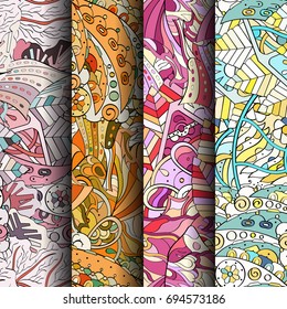 Set of tracery colorful seamless patterns. Vertical stripes. Curved doodling backgrounds for textile or printing with mehndi and ethnic motives. Vector