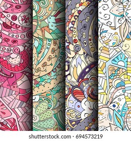 Set of tracery colorful seamless patterns. Vertical stripes. Curved doodling backgrounds for textile or printing with mehndi and ethnic motives. Vector