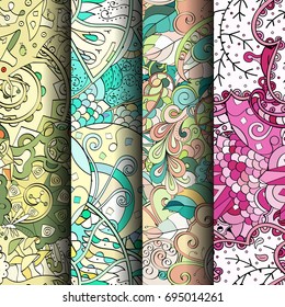 Set of tracery colorful seamless patterns. Vertical stripes. Curved doodling backgrounds for textile or printing with mehndi and ethnic motives. Vector